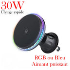 Chargeur Magnétique Sans Fil Pour Voiture, Support De Téléphone, Station De Charge Rapide, Support De Support, RVB, Iphone 12 13 14 15 Pro Max Macsafe, 30W