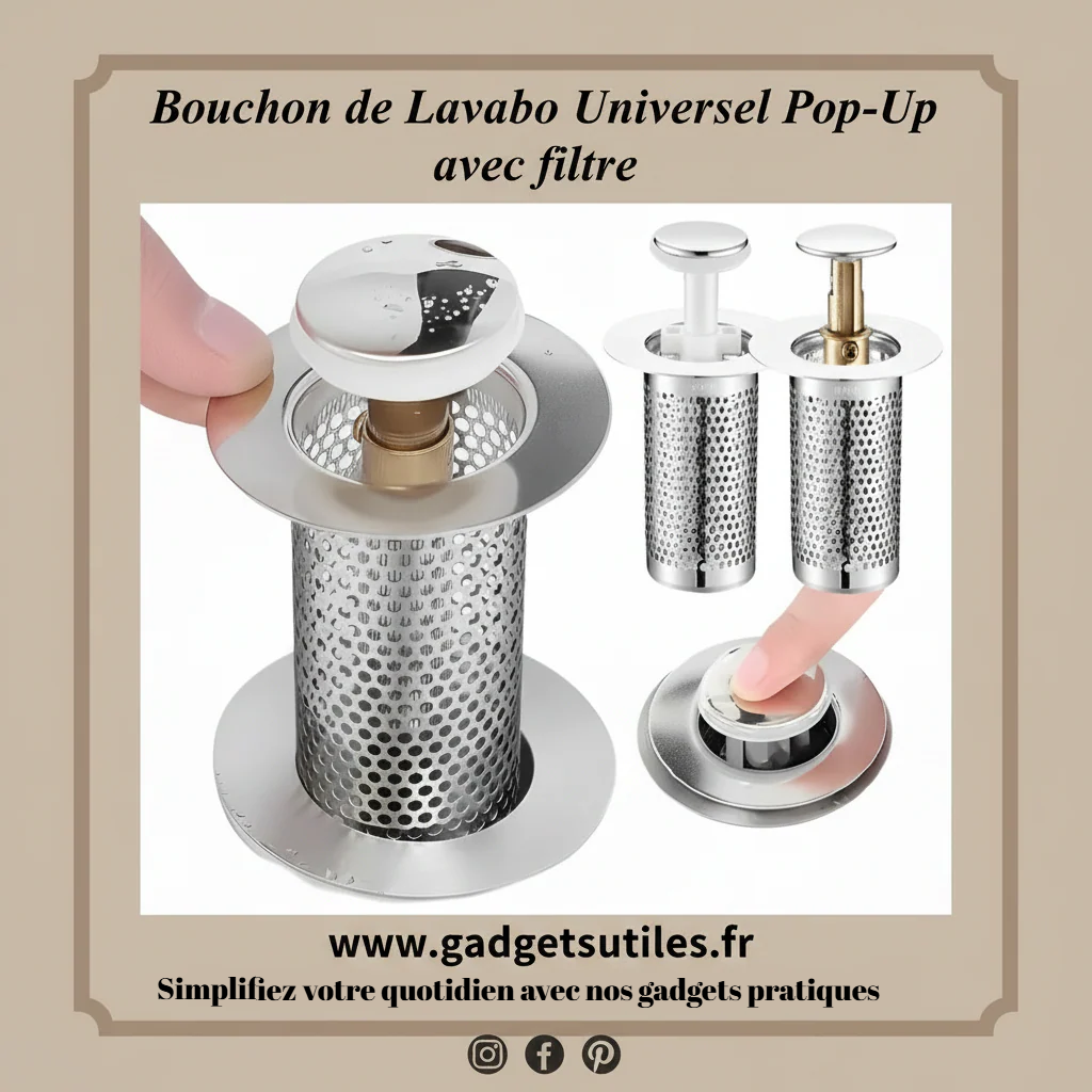 Bouchon de Lavabo Universel Pop-Up Anti-Odeurs & Filtre Anti-Cheveux (Acier Inoxydable) Gadgets Utiles