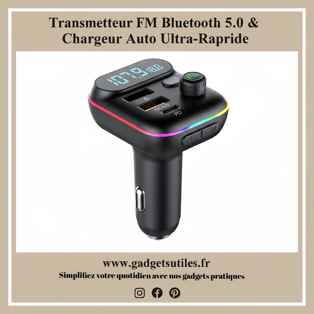 Transmetteur FM Bluetooth 5.0 & Chargeur Auto Ultra-Rapide (USB/PD) Gadgets Utiles