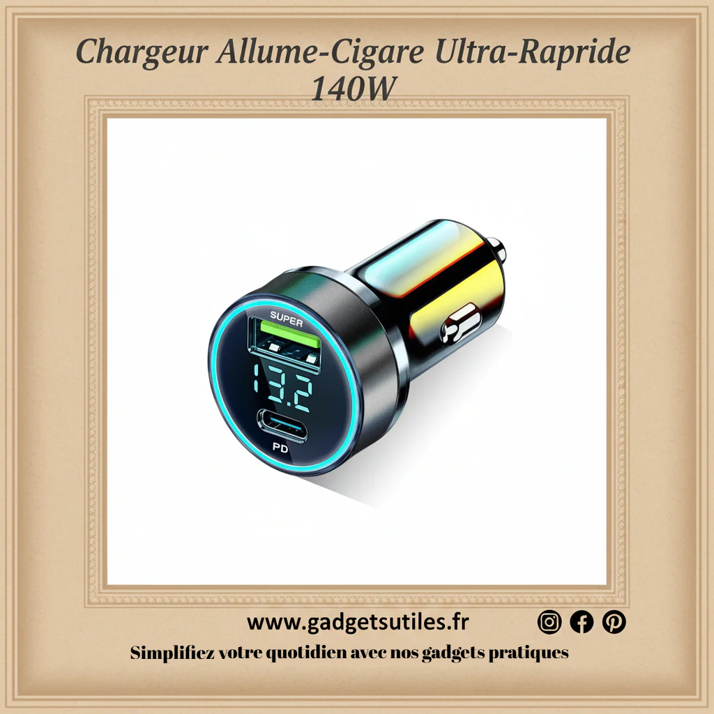 Chargeur Allume-Cigare Ultra-Rapide 140W | Double Port USB & USB-C Gadgets Utiles
