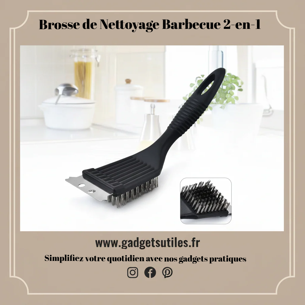 Brosse de Nettoyage Barbecue 2-en-1 | Grattoir Acier Inoxydable & Poils Ultra-Résistants Gadgets Utiles