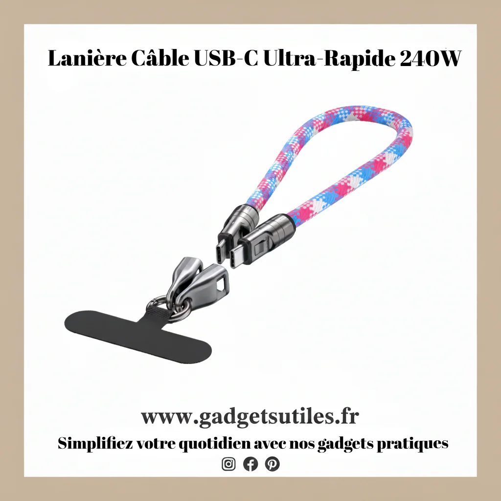 Lanière Câble USB-C Ultra-Rapide 240W | Mini Chargeur Anti-Nœuds Gadgets Utiles