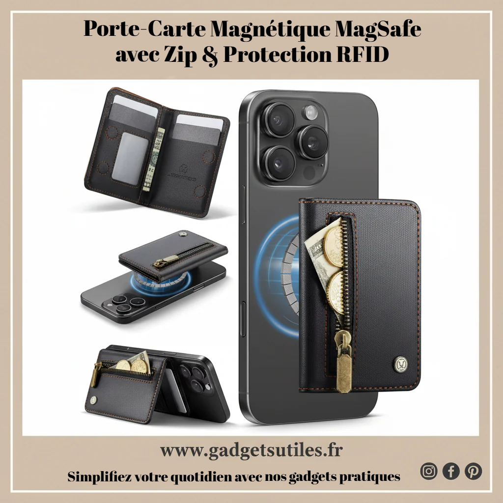 Porte-Carte Magnétique MagSafe avec Zip & Protection RFID Gadgets Utiles